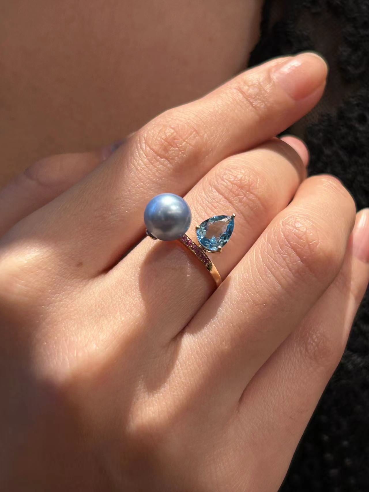 Blue Topaz and Blue Rose Pearl Ring