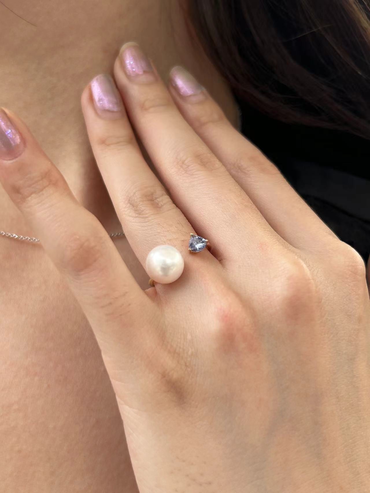 Tanzanite and White Angel Pearl Ring