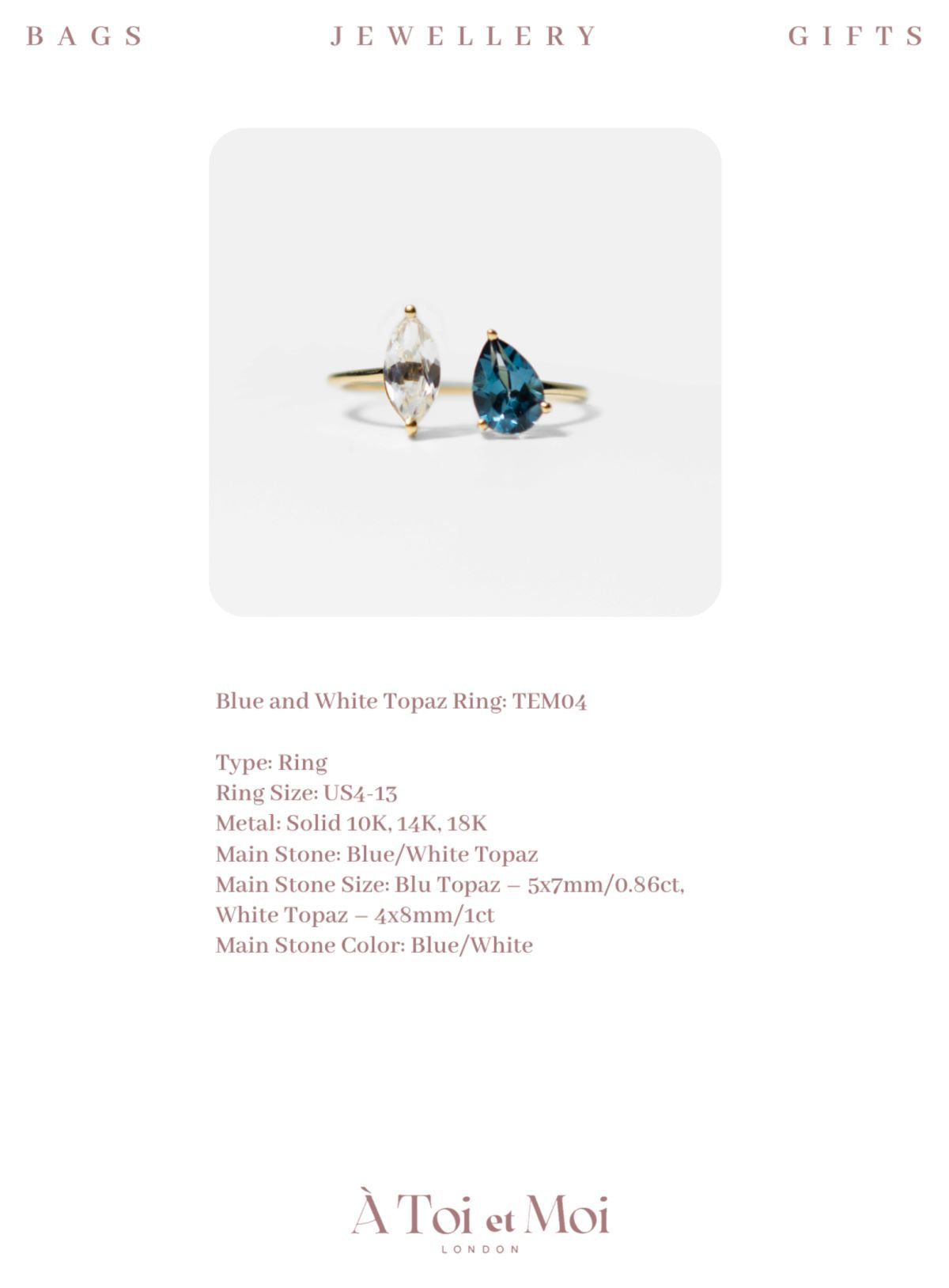 Blue and White Topaz Ring:
